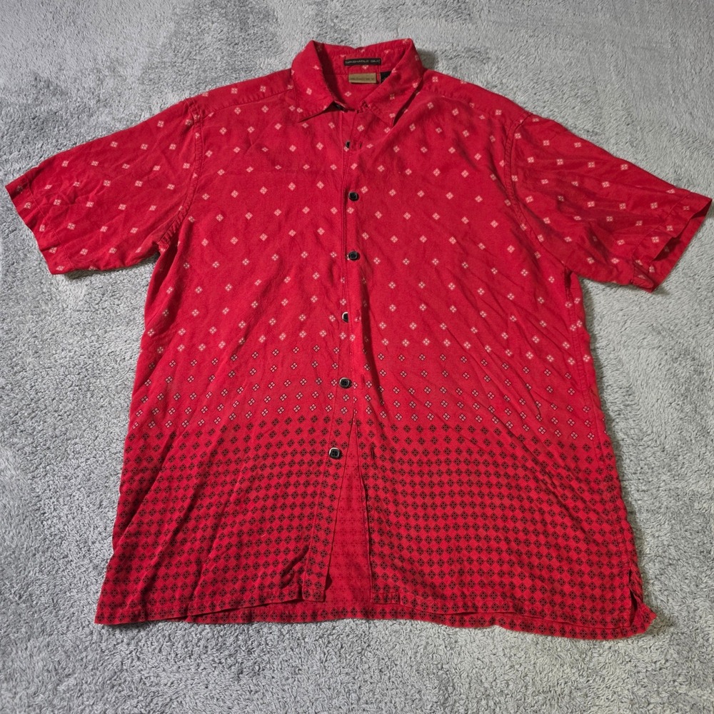 Axist Mens Medium Button Down Shirt Red Washable Silk Geometric Diamond Short Sv